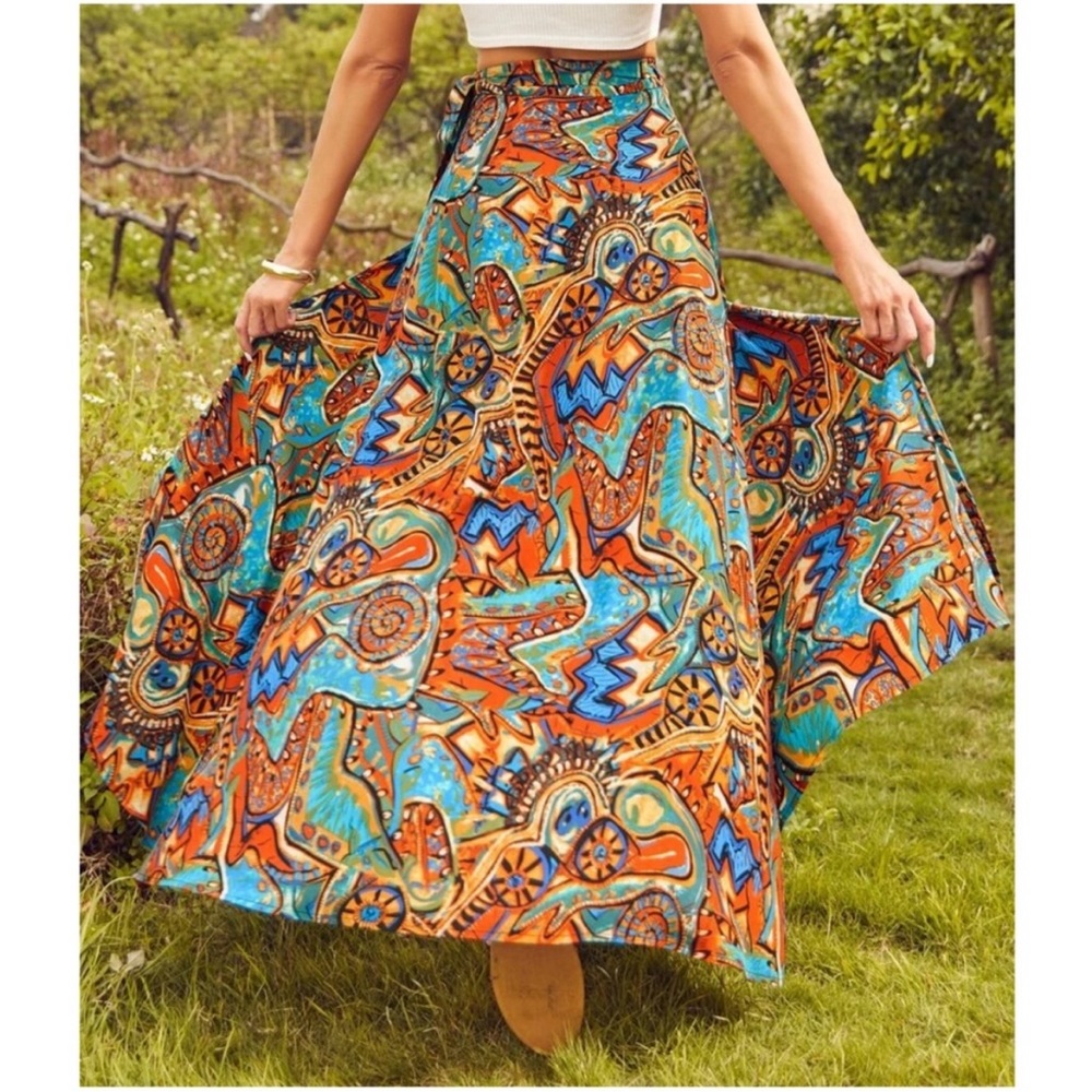 Boho Gypsy Festival Print Tie Maxi Skirt S M L XL - Picture 4 of 5
